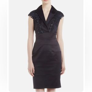 TADASHI SHOJI Pleated Layered Chiffon Sequin Shift Sheath Dress.